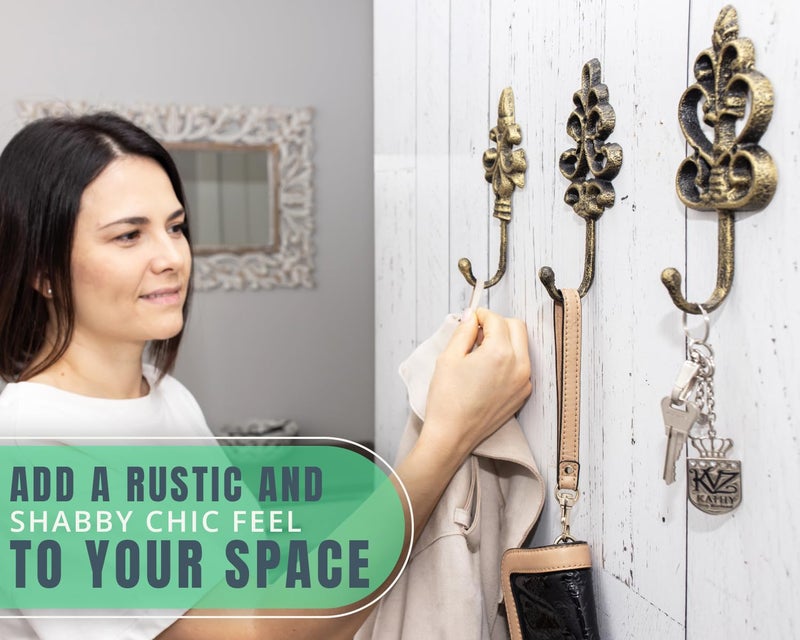 Comfify Shabby Chic Decorative Wall Hooks - Set of 3 - Cast Iron French Country Wall Decor - Farmhouse Hangers for Coats, Purses and More - Gold with Black - Image 4